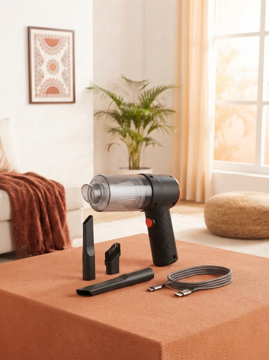 A compact handheld wireless vacuum cleaner displayed on a terracotta surface in a modern, well-lit home setting.